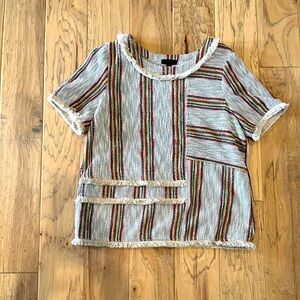 Current Air from Anthro, Black/ Red striped short sleeve shirt w/ fringe size M